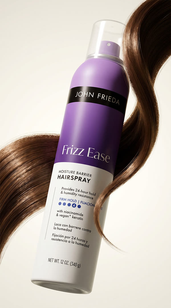 Frizz Ease Moisture Barrier Hairspray with sculptural hair ribbon, photorealistic CGI render