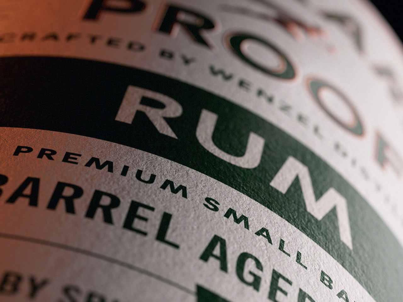 Packard Proof — Barrel Aged Rum label detail, photorealistic CGI render