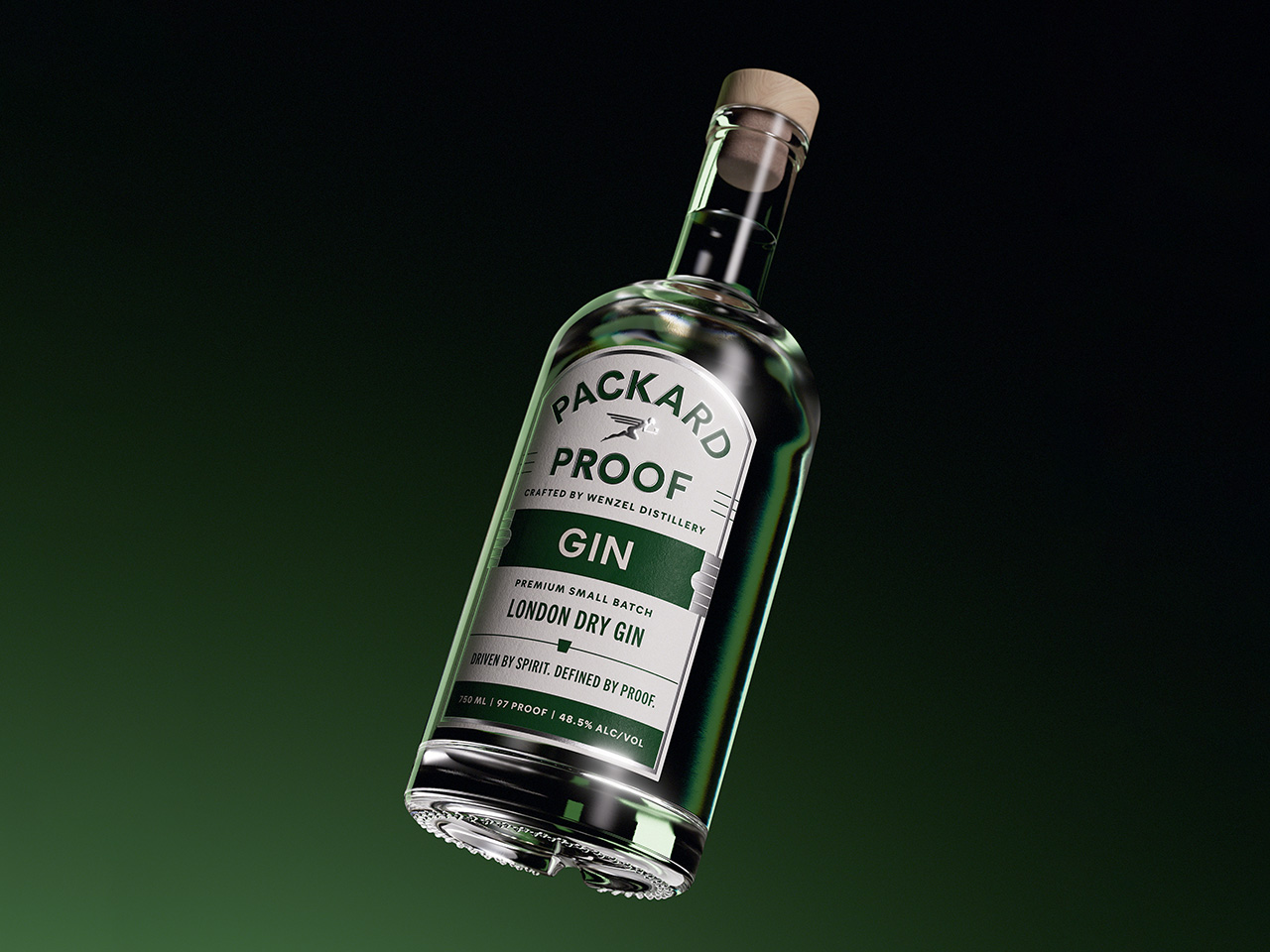 Packard Proof — London Dry Gin bottle, photorealistic CGI render