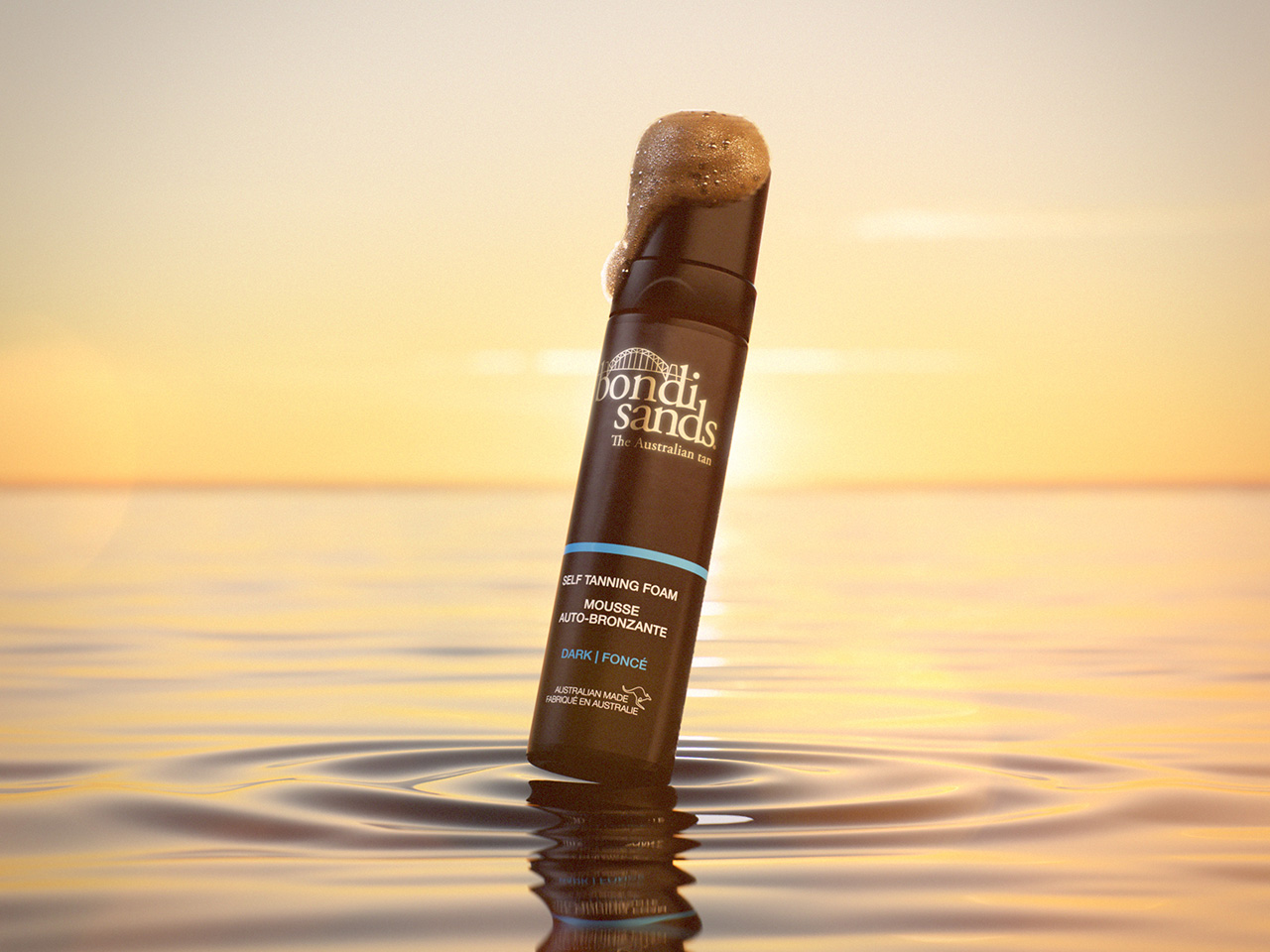 Bondi Sands — Self Tanning Foam, photorealistic CGI render at golden hour